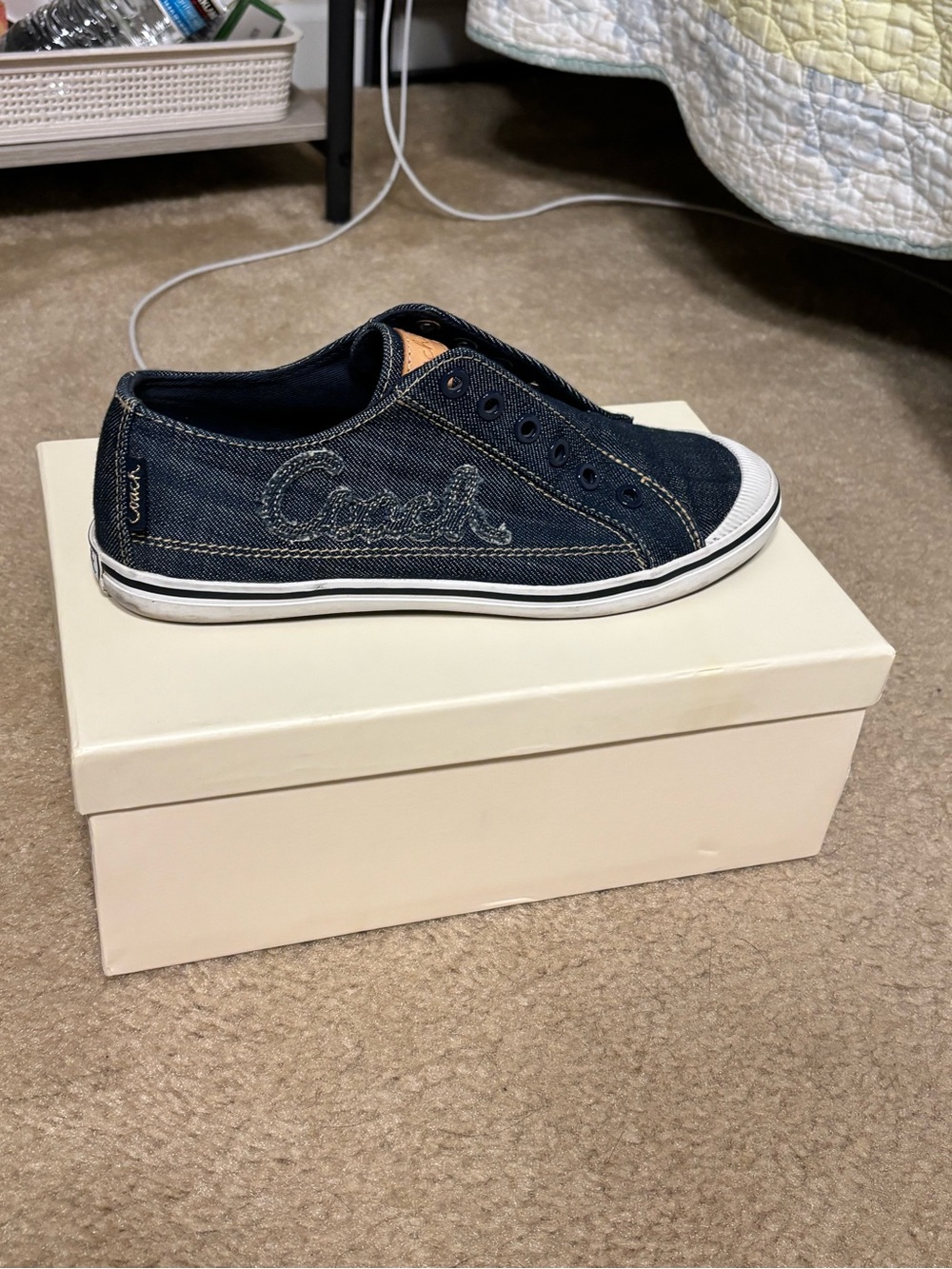Coach Dark Denim Slip-On Sneakers with White Trim